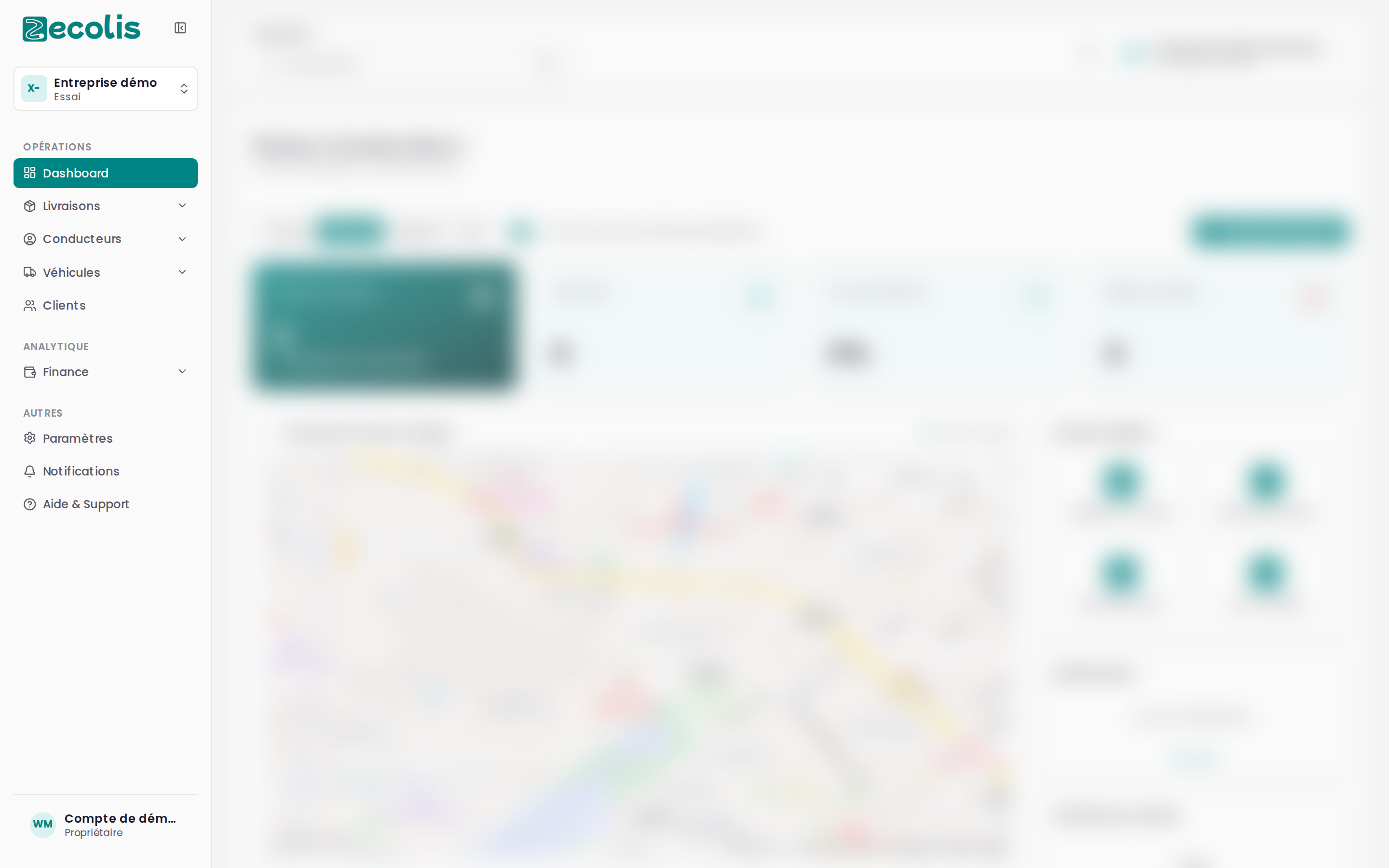 Tableau de bord Entreprise ZeColis, carte Mapbox de Cotonou avec les livreurs en service